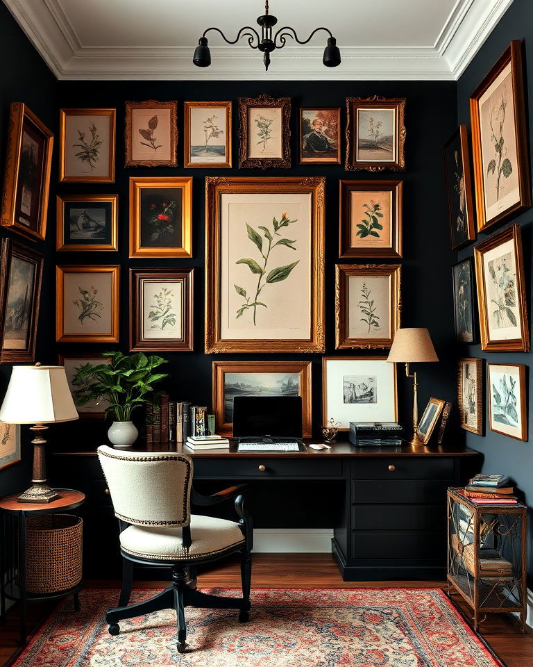 gallery wall of vintage art - 15 Dark Academia Study Room Ideas