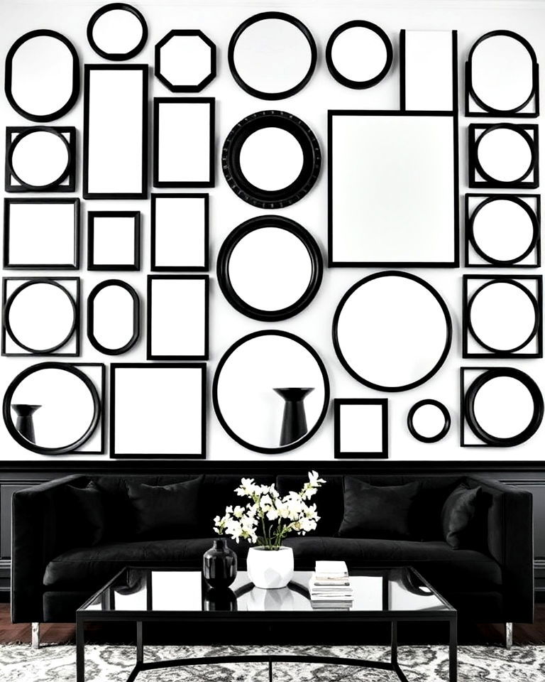 gallery wall using mirrors with black and white frames - 25 Mirror Gallery Wall Ideas