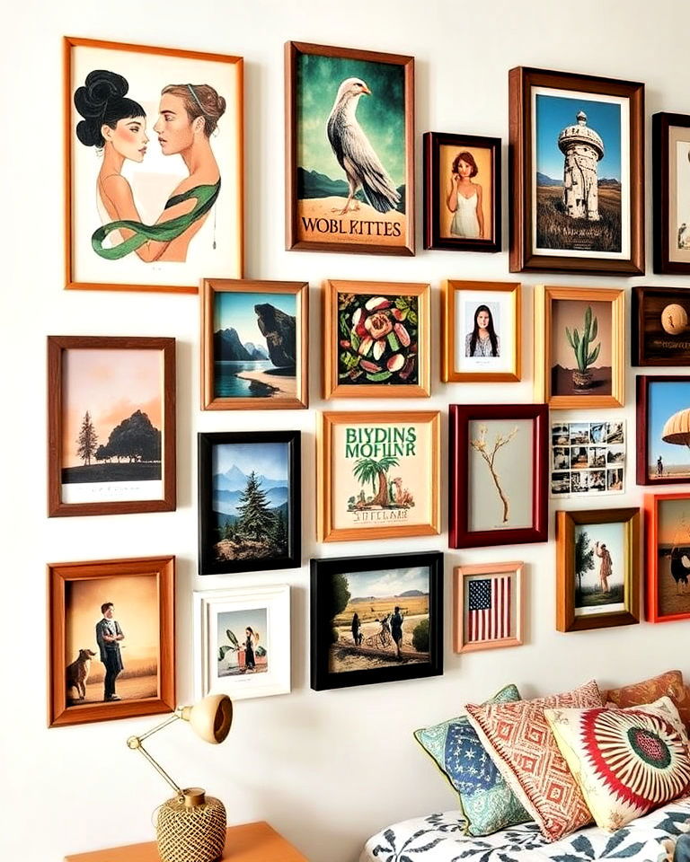 gallery wall with eclectic art - 25 Boho Teen Bedroom Ideas