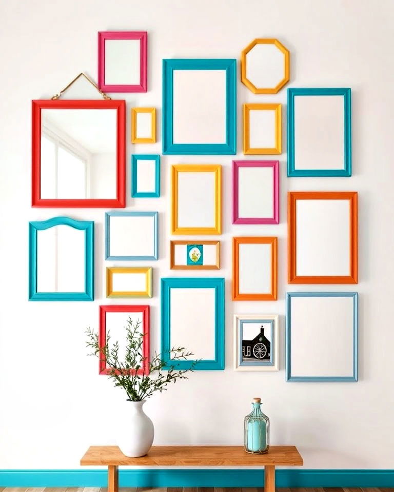 gallery wall with mirrors in vibrant eye catching frames - 25 Mirror Gallery Wall Ideas