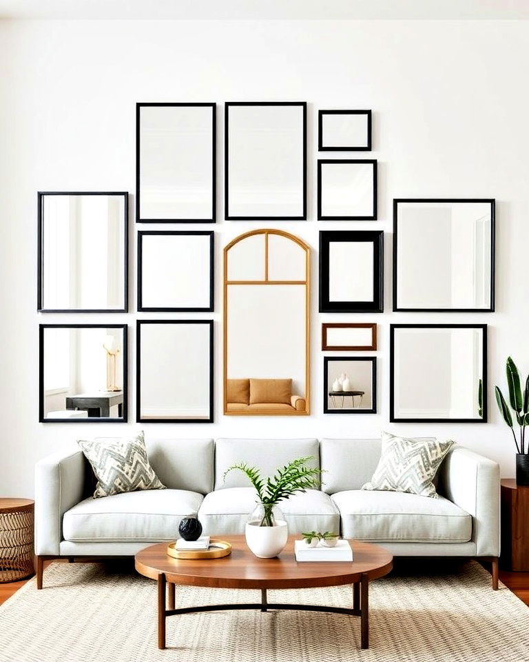 gallery wall with monochromatic mirror frames - 25 Mirror Gallery Wall Ideas