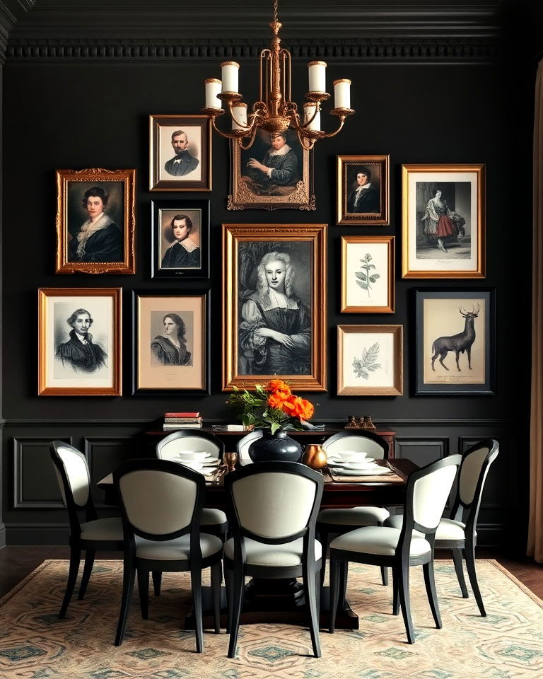 gallery wall with vintage frames dining room - 15 Dark Academia Dining Room Ideas