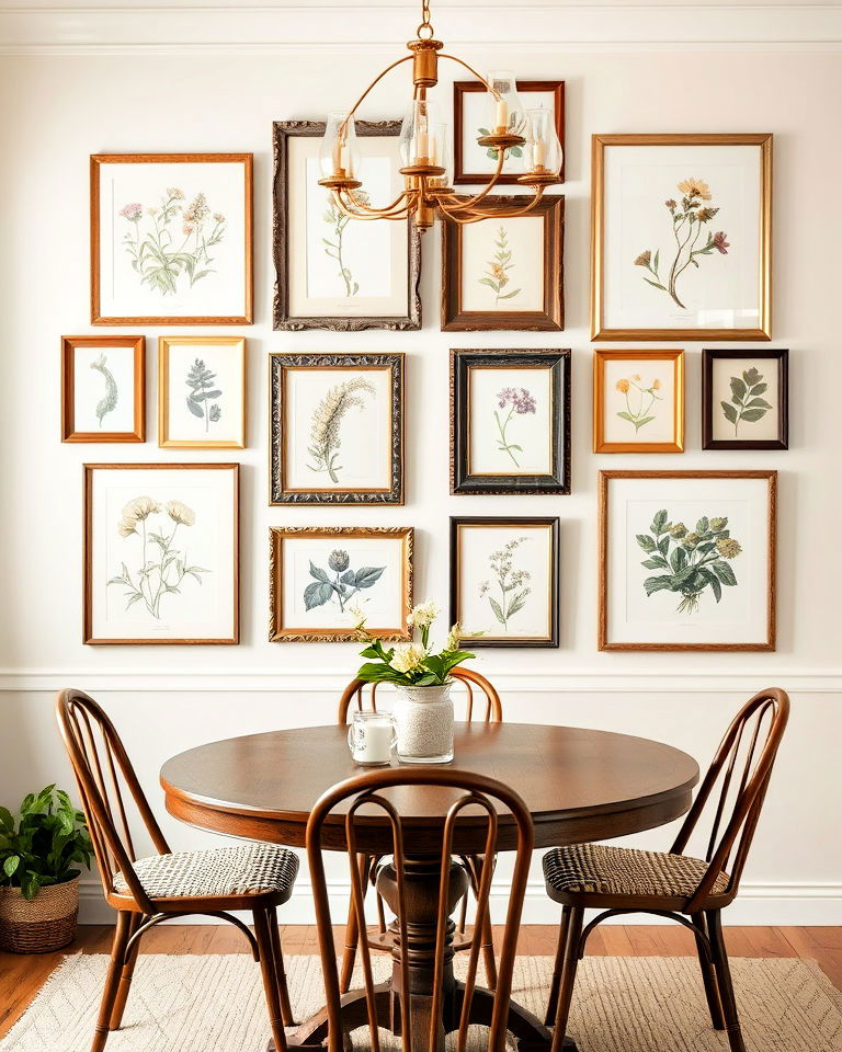 gallery wall with vintage frames - 40 Cottagecore Dining Room Ideas