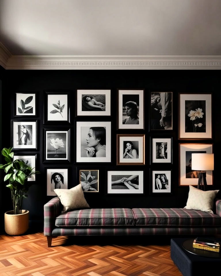 gallery walls with dark frames - 25 Moody Interior Design Ideas