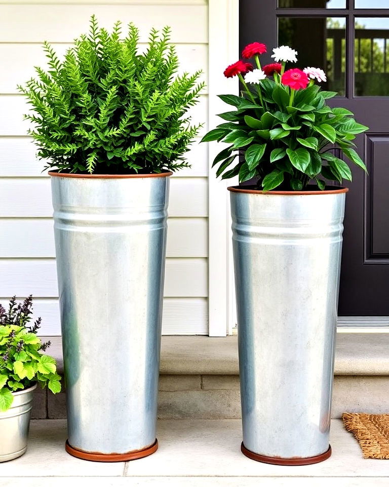 galvanized metal planters offer a rustic yet industrial look - 20 Tall Planters for Front Porch