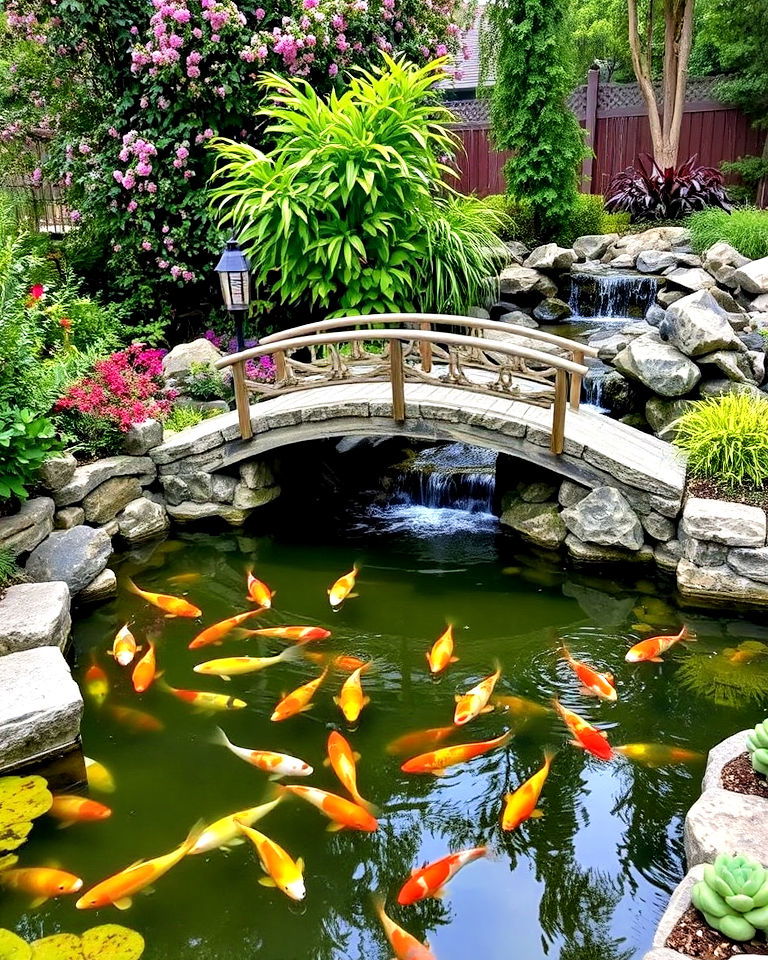 garden bridge over koi pond with waterfall - 15 Koi Pond Ideas With Waterfall