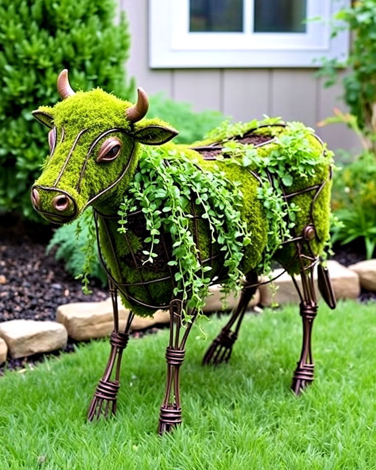 garden with a cow shaped topiary planter - 15 Cow Planter Pot Ideas