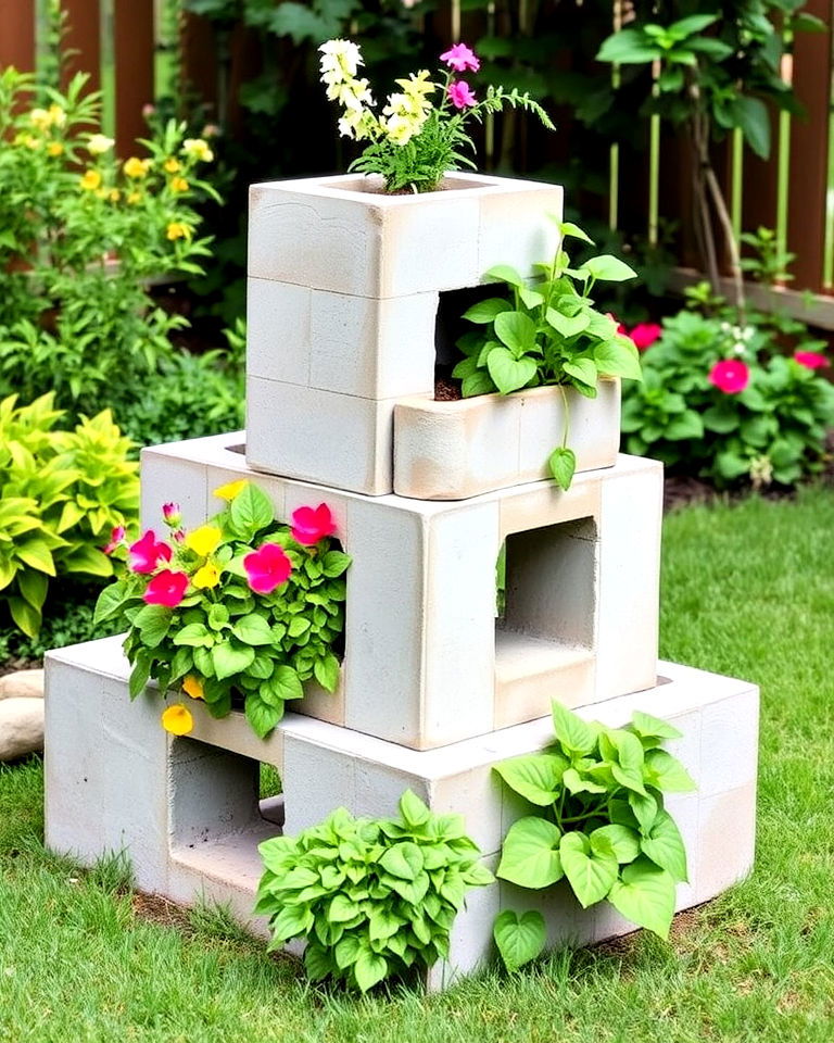 garden with a tiered cinder block planter - 15 Cinder Block Planter Ideas