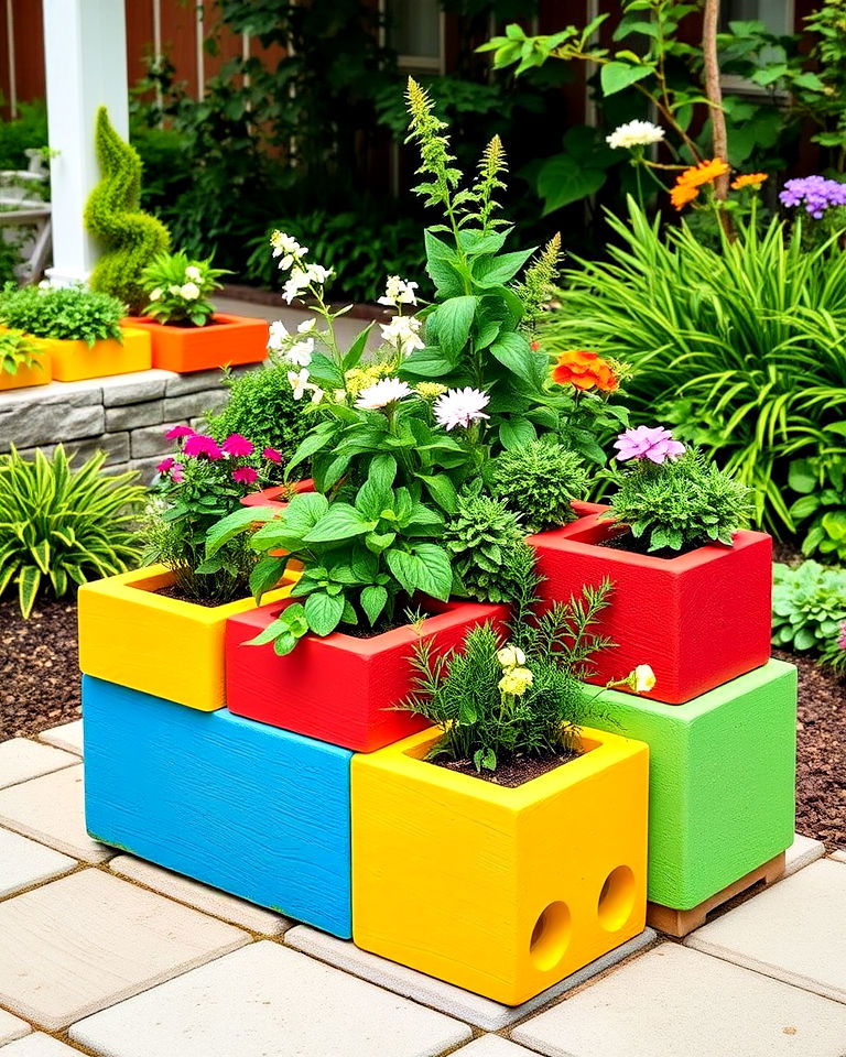 garden with painted cinder block planters - 15 Cinder Block Planter Ideas