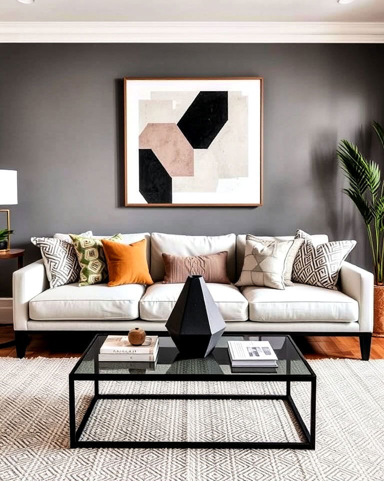 geometric accent pieces for boho living room - 20 Minimalist Modern Boho Living Room Ideas