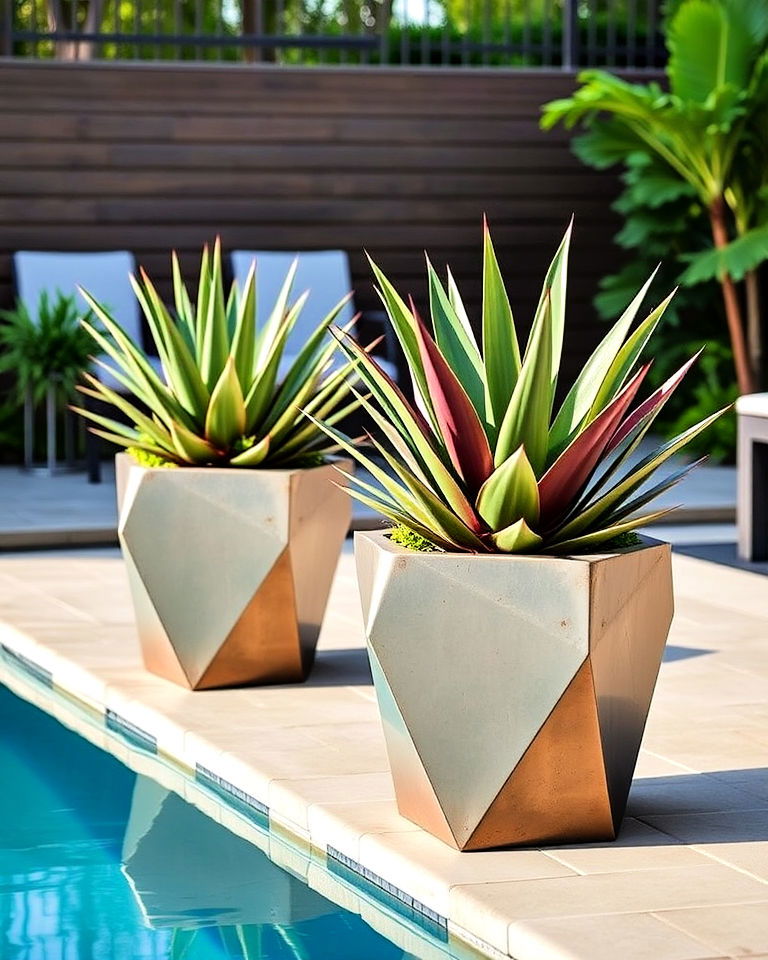 geometric metal planters for a bold statement - 25 Pool Planter Ideas