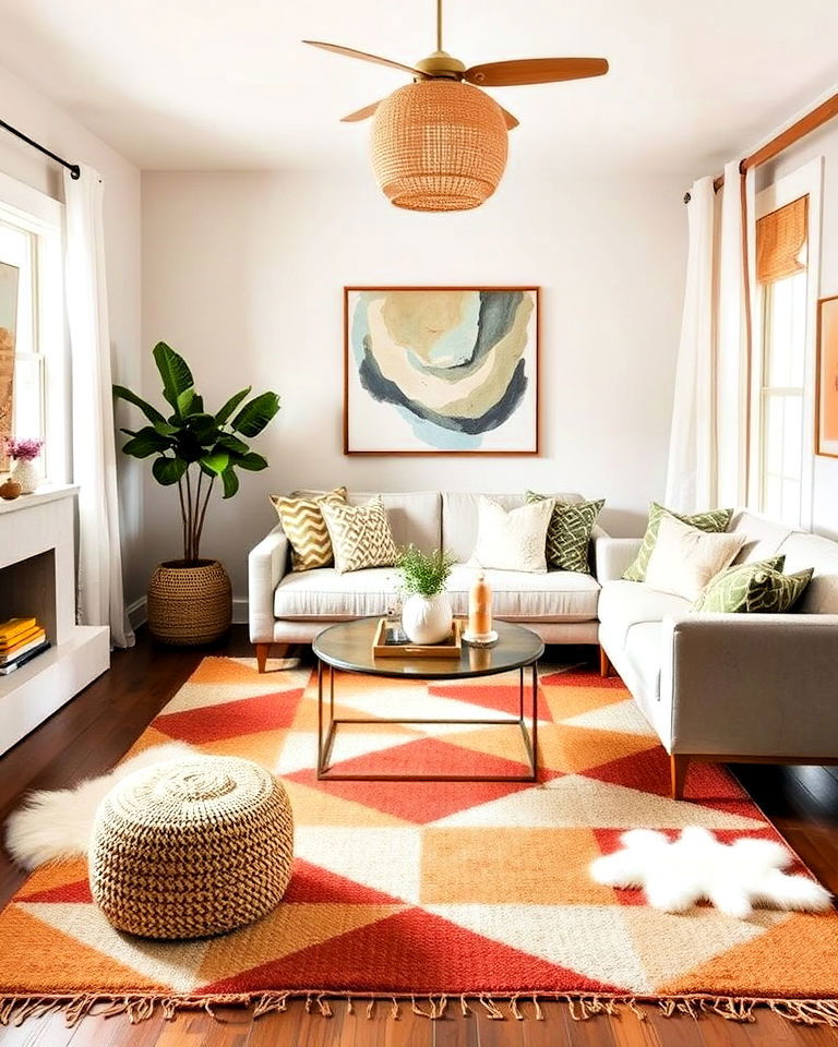 geometric rug for mid century boho living room - 25 Mid Century Boho Decor Ideas