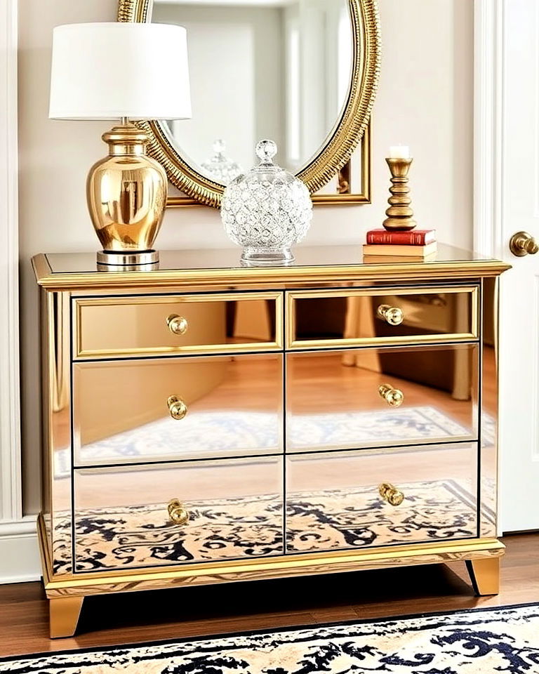 glam metallic dresser makes an eye catching entryway piece - 15 Entryway Dresser Ideas