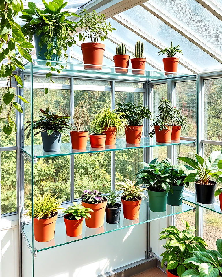 glass greenhouse shelves for sleek aesthetics - 25 Greenhouse Shelving Ideas