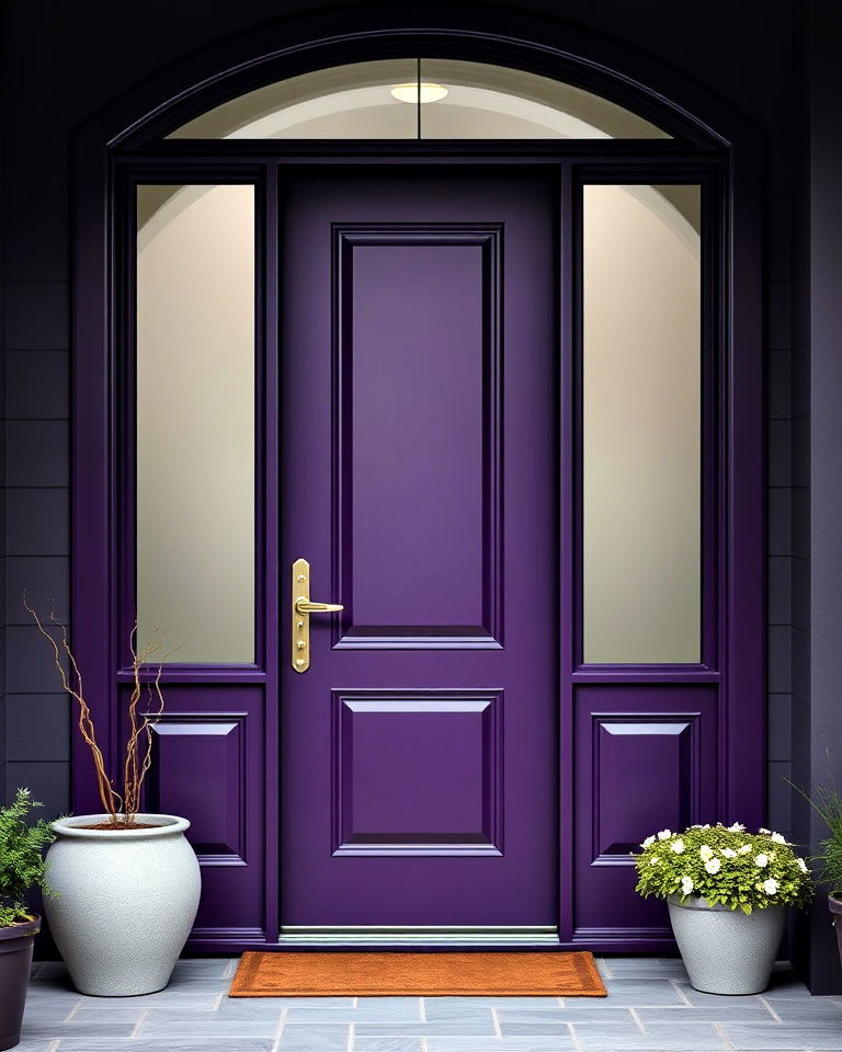 glass pane inserts into a dark purple door - 15 Dark Purple Front Door Ideas