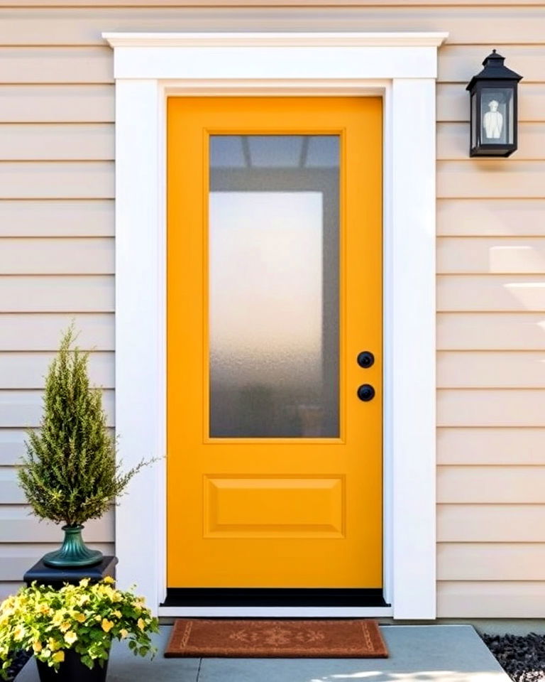 glass panels into a mustard yellow door - 15 Mustard Yellow Front Door Ideas