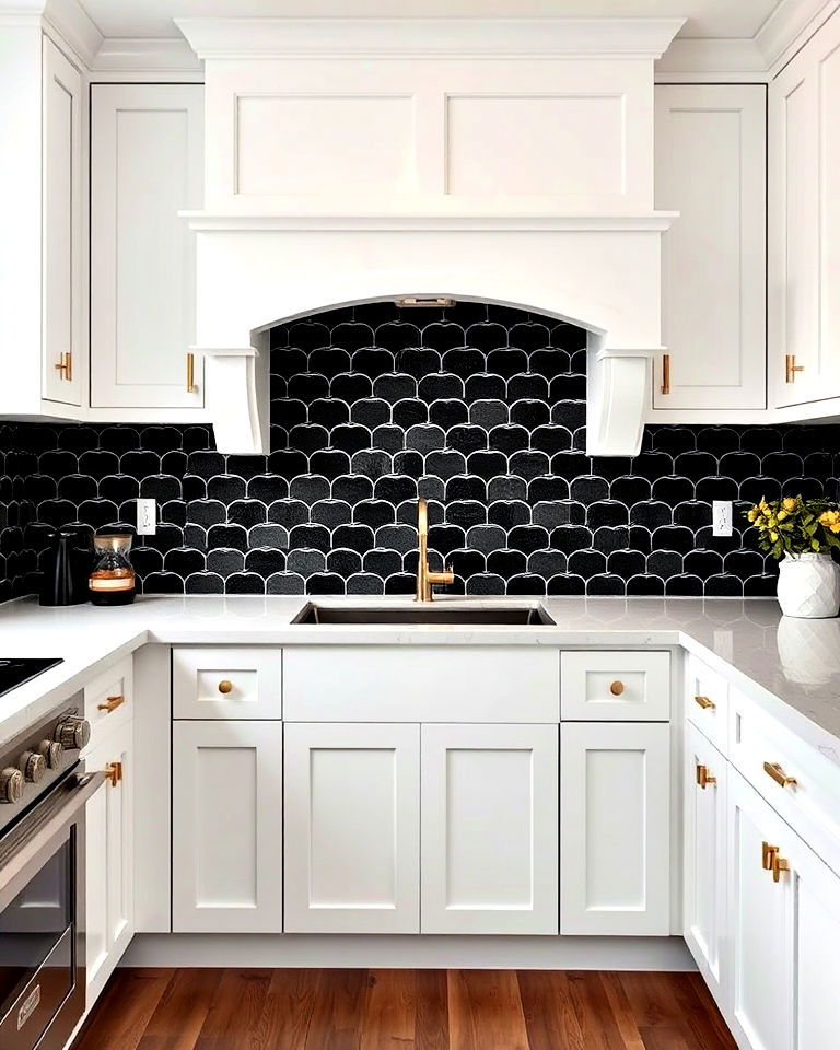 glossy black fish scale tiles for bold style - 20 White Kitchen With Black Backsplash Ideas