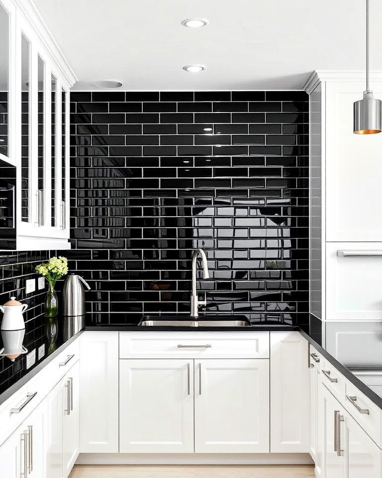 glossy black glass tiles for added light - 20 White Kitchen With Black Backsplash Ideas