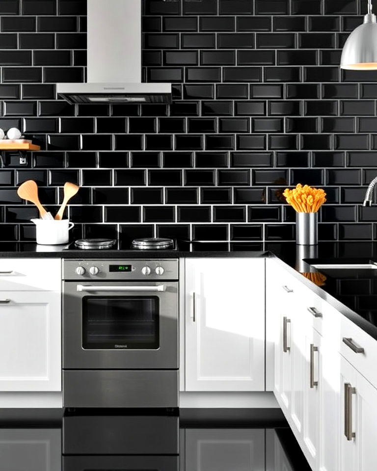 glossy black subway tiles for contrast kitchen - 20 Kitchens With Dark Backsplashes