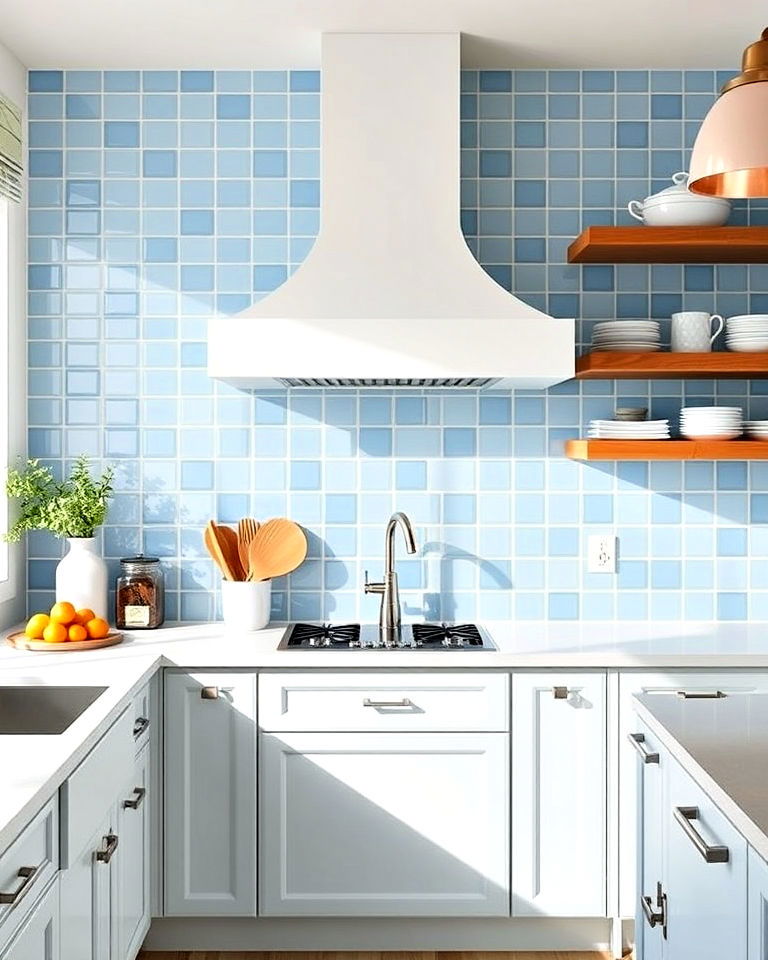 glossy sky blue tiles for kitchen - 25 Kitchen With Blue Backsplash Ideas