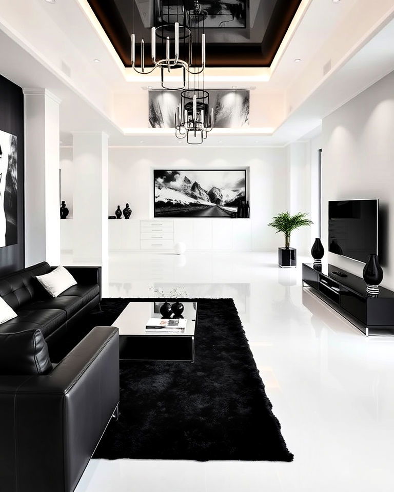 glossy white floor living room - 20 Luxury Black and White Living Room Ideas
