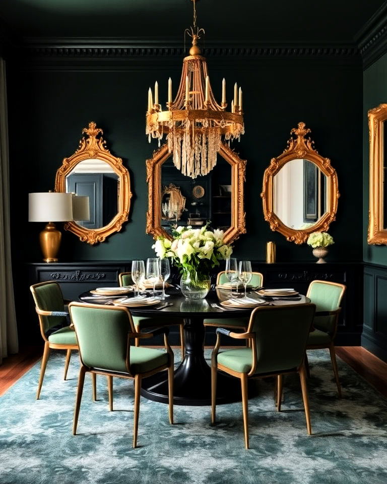 gold accents dark green dining room - 20 Dark Green Dining Room Ideas