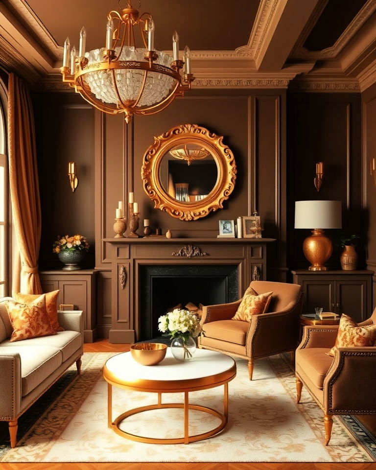 gold accents paired with brown - 25 Colors That Go With Brown for Any Room
