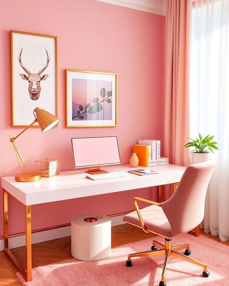 gold and pink desk accessories home office - 25 Pink Home Office Ideas