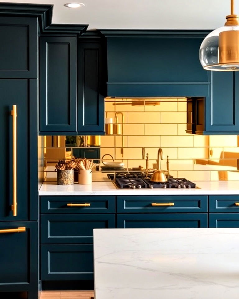 gold tinted mirrors backsplash for luxe appeal - 25 Mirrored Backsplash Kitchen Ideas