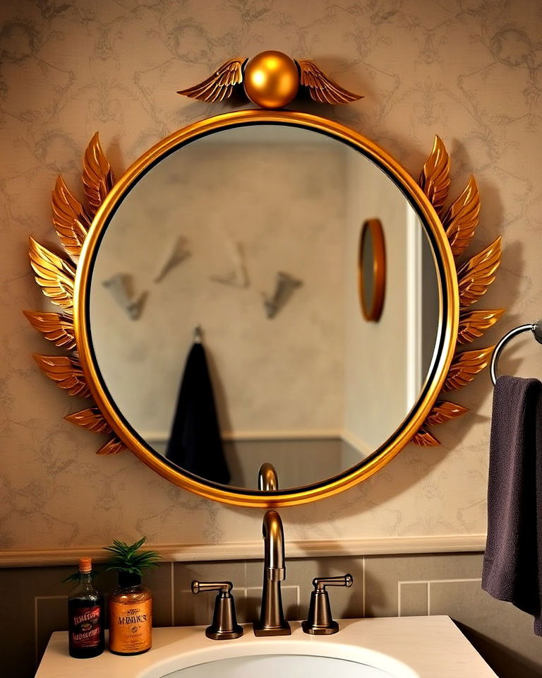 golden snitch mirror frame for harry potter bathroom - 25 Harry Potter Bathroom Ideas