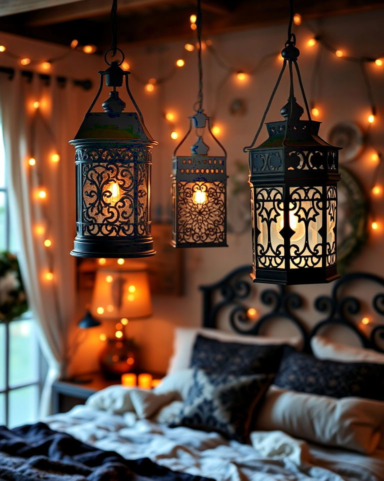 gothic boho hanging lanterns and fairy lights - 20 Gothic Boho Decor Ideas