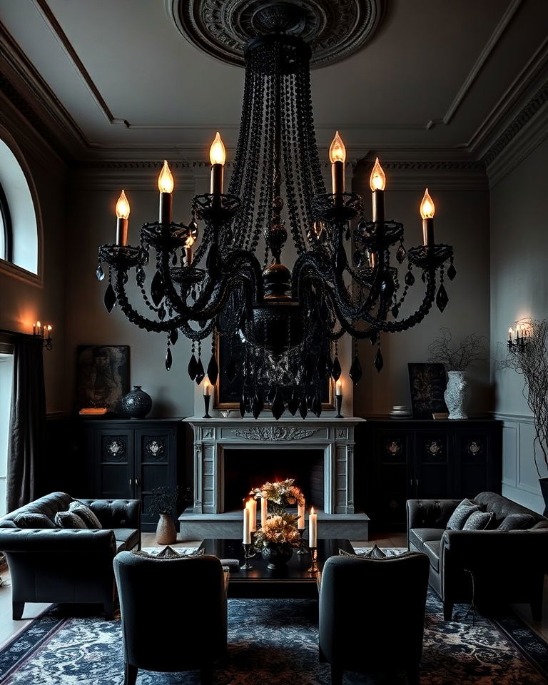 gothic chandelier for bold lighting - 20 Whimsigoth Living Room Ideas