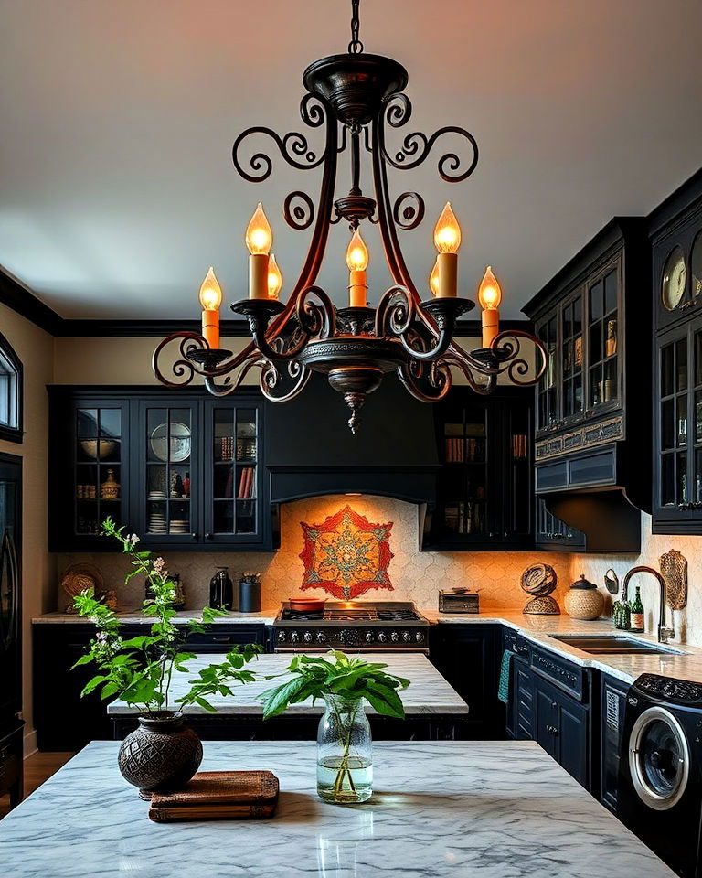 gothic inspired lighting for academia kitchen - 25 Dark Academia Kitchen Ideas