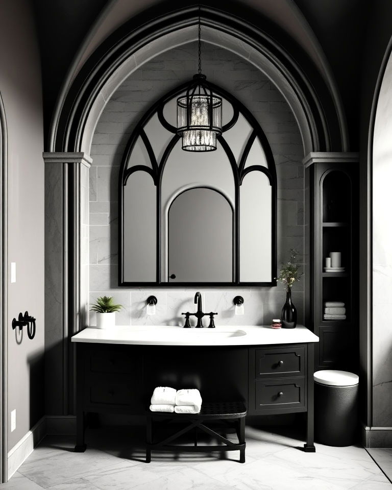 gothic style arches into bathroom design - 25 Dark Academia Bathroom Ideas