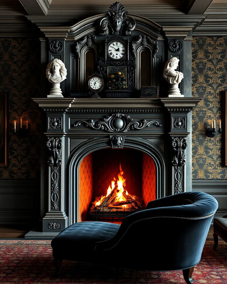 grand fireplace with baroque details - 15 Dark Academia Fireplace Ideas