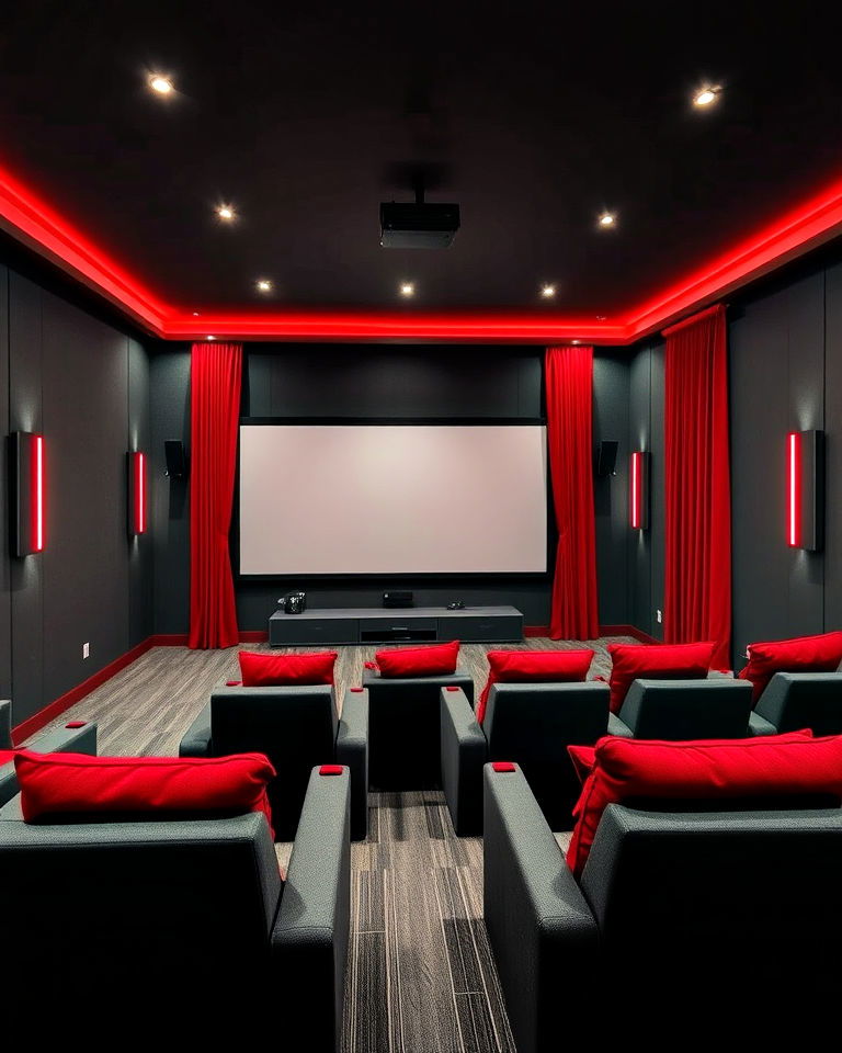 graphite gray with bold red accents home theater - 15 Gray Home Theater Paint Color Schemes