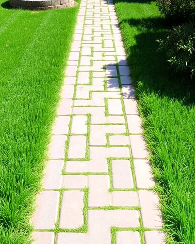 grass framed pavers walkway - 15 Farmhouse Walkway Ideas