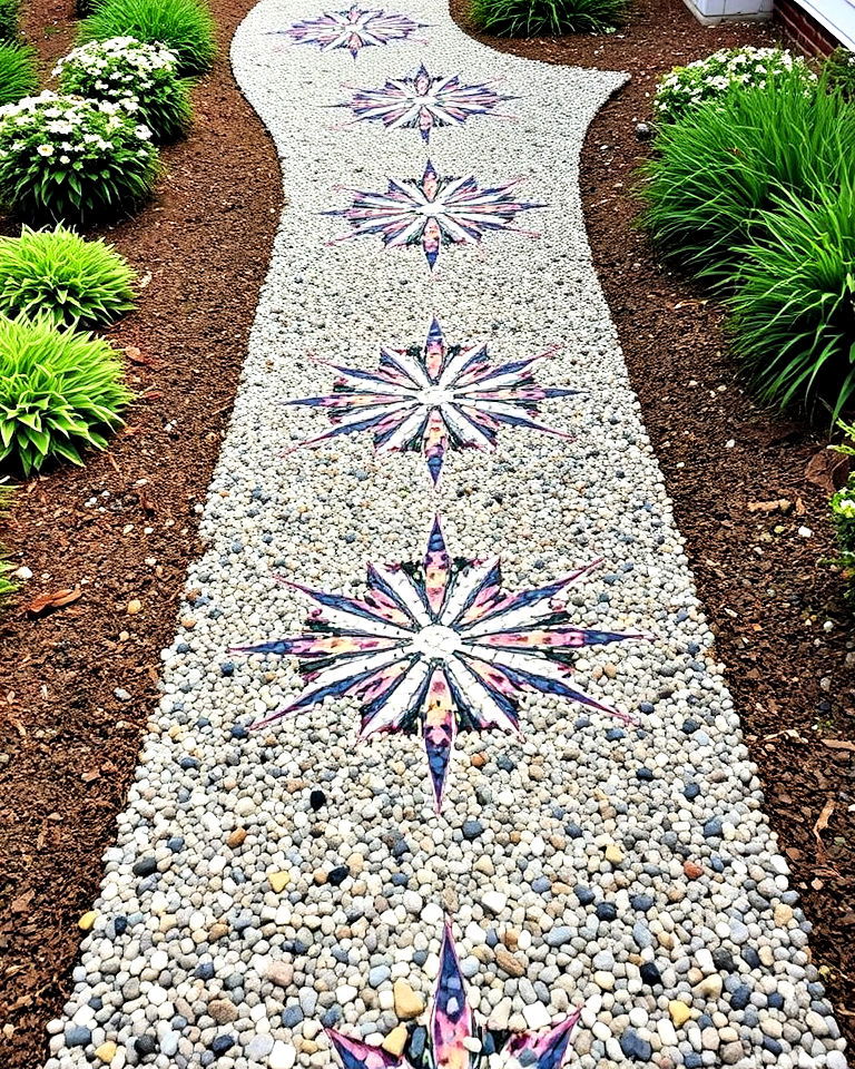 gravel and mosaic inlay pathway - 20 Pea Gravel Walkway Ideas
