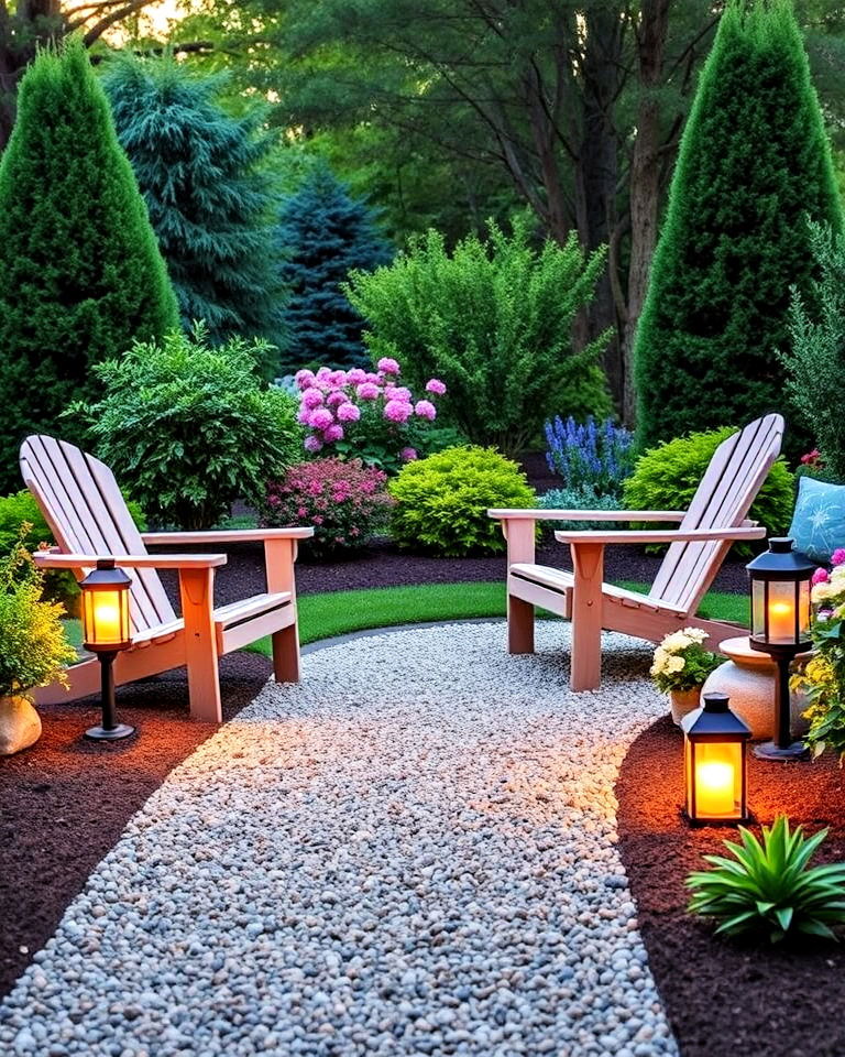 gravel pathway with adirondack chairs and lanterns - 25 Front Yard Sitting Area Ideas