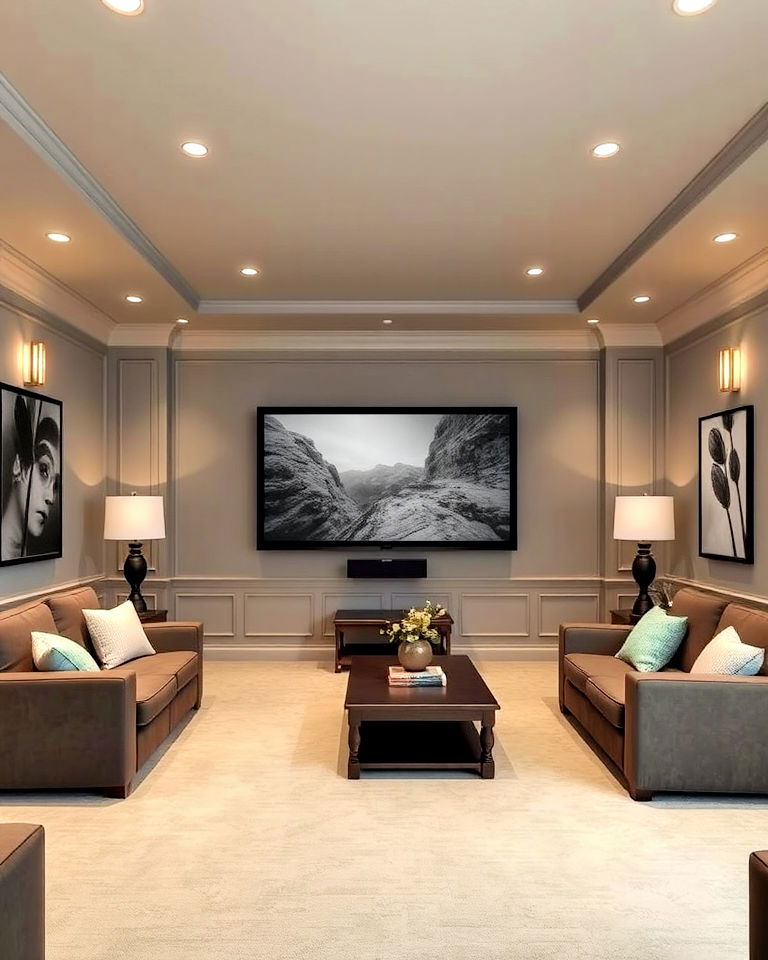 gray and beige with dark wood accents home theater - 15 Gray Home Theater Paint Color Schemes