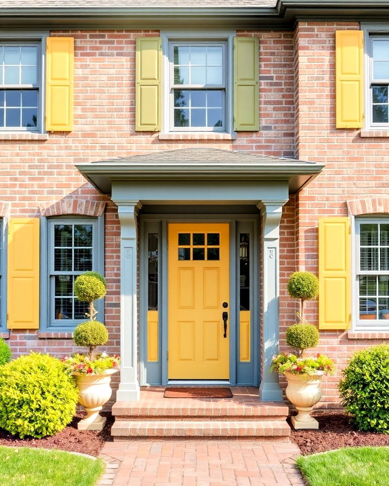 gray trim with soft yellow accents - 25 Blonde Brick House Color Schemes