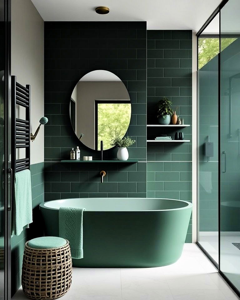 green accented bathroom with dark green fixtures - 25 Dark Green Bathroom Ideas