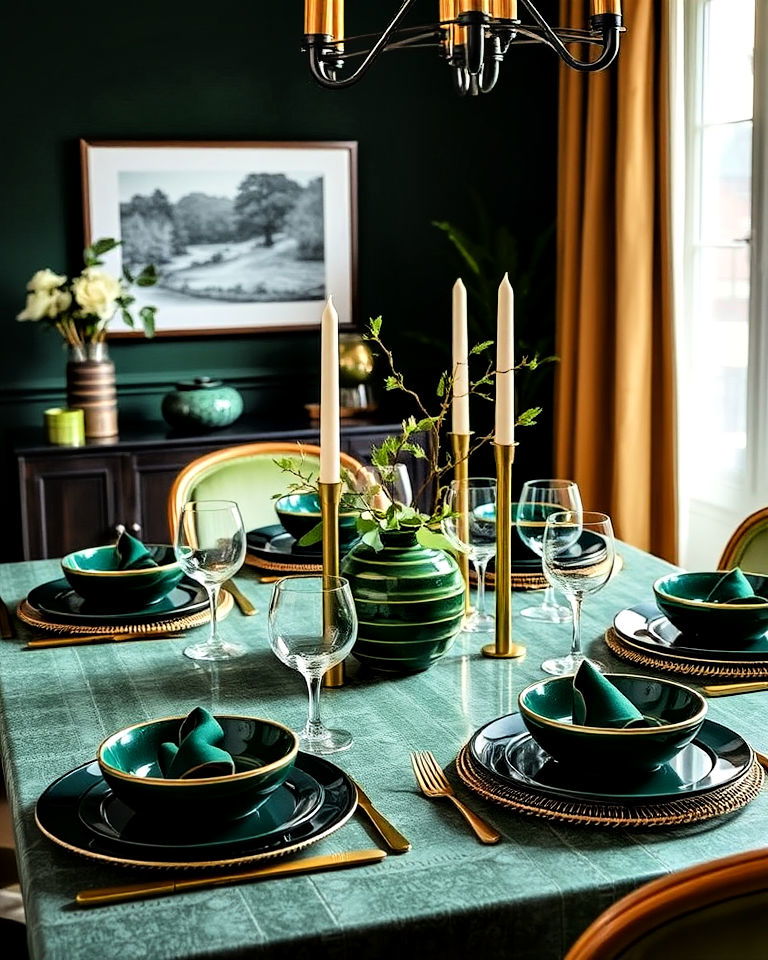 green and metallic tableware - 20 Dark Green Dining Room Ideas