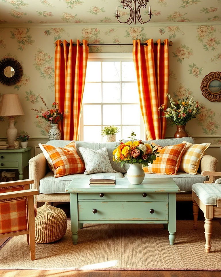 green and orange living room with cottagecore elegance - 25 Green and Orange Living Room Ideas