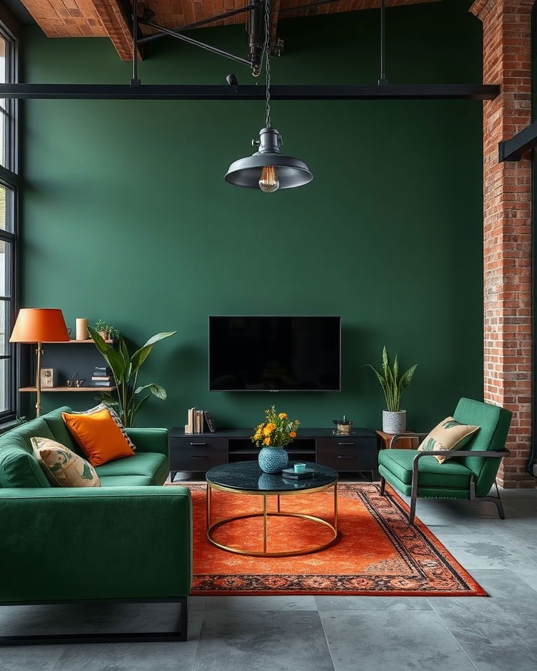 green and orange living room with industrial accents - 25 Green and Orange Living Room Ideas