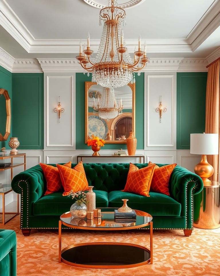 green and orange living room with modern glam - 25 Green and Orange Living Room Ideas
