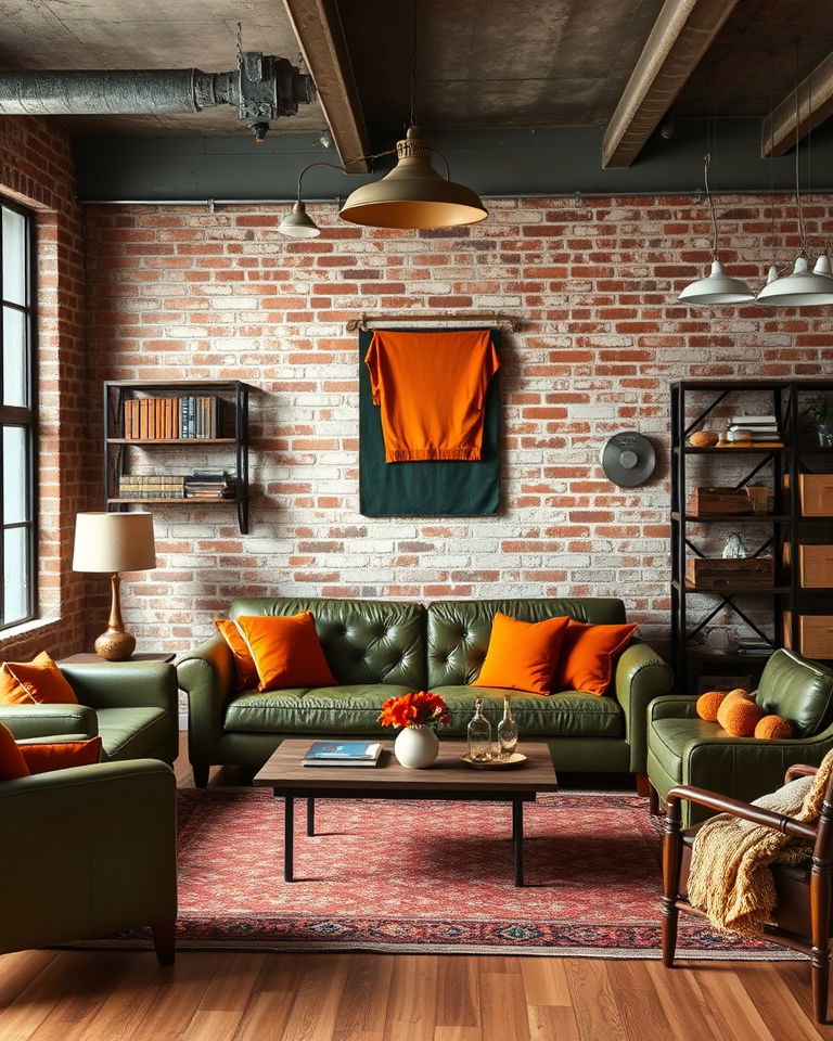 green and orange living room with vintage industrial fusion - 25 Green and Orange Living Room Ideas