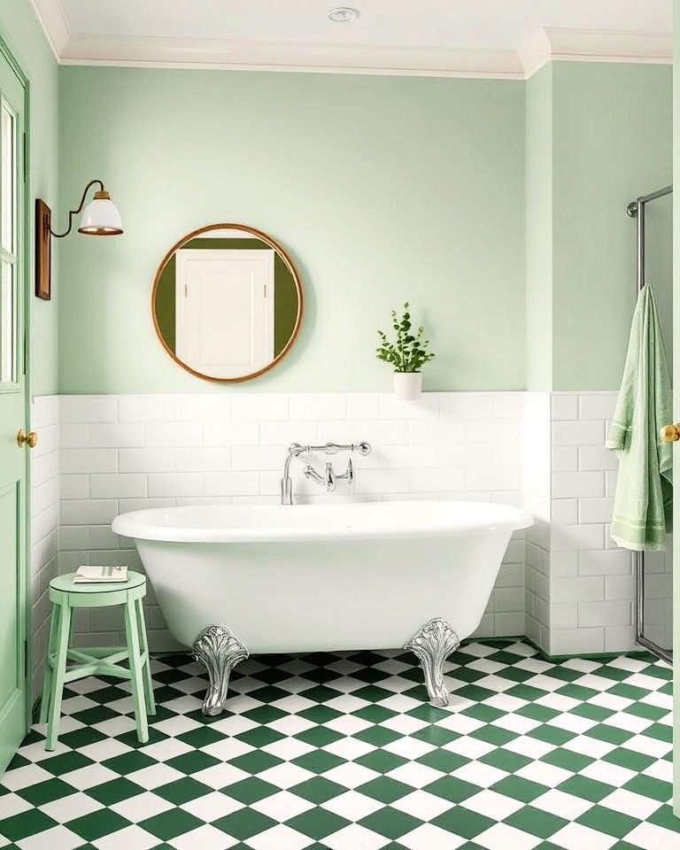 green and white checkerboard flooring bathroom - 15 Light Green Bathroom Ideas