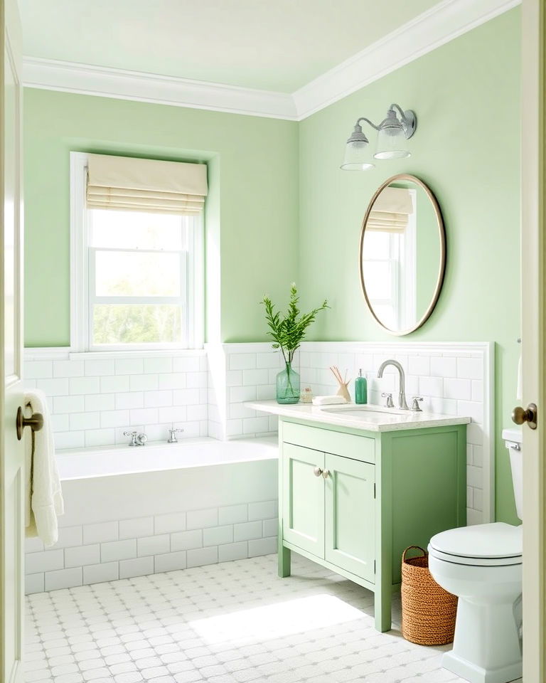 green and white contrast bathroom - 15 Light Green Bathroom Ideas