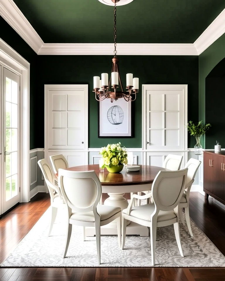 green and white contrast dining room - 20 Dark Green Dining Room Ideas